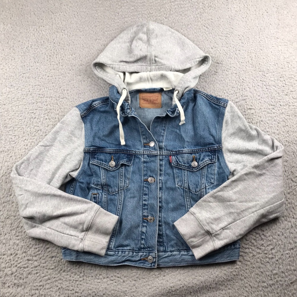 Levis Hybrid Hoodie Trucker Jacket Womens L Blue Denim/Gray Sweater Streetwear